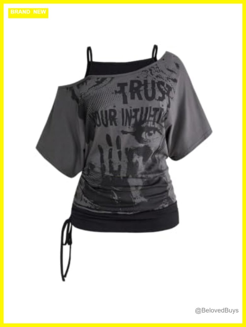 Plus Size Gothic Graphic Off Shoulder Ruched Emo Alt Tee Polyester Blend